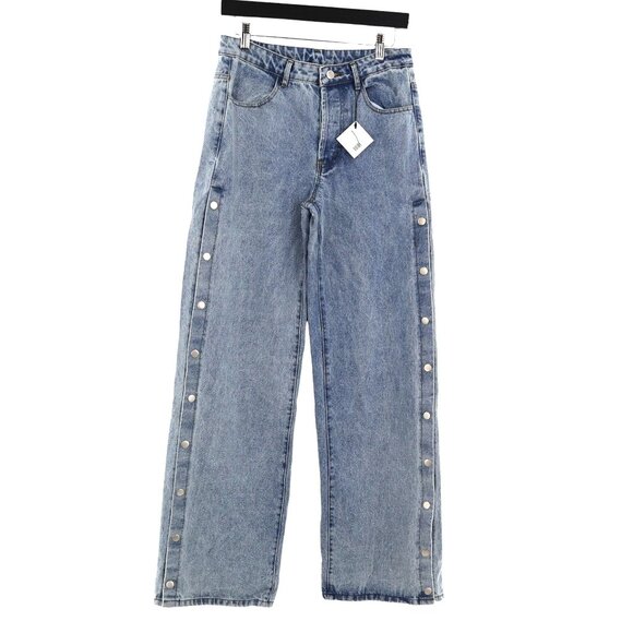 Beige Botany Button Fly Jeans Womens Blue Y2K Acubi Streetwear Brunch Edgy NWT - Picture 1 of 6